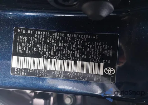 2025 Toyota Corolla Se z USA, uszkodzony, nr VIN 5YFS4MCE7SP237136